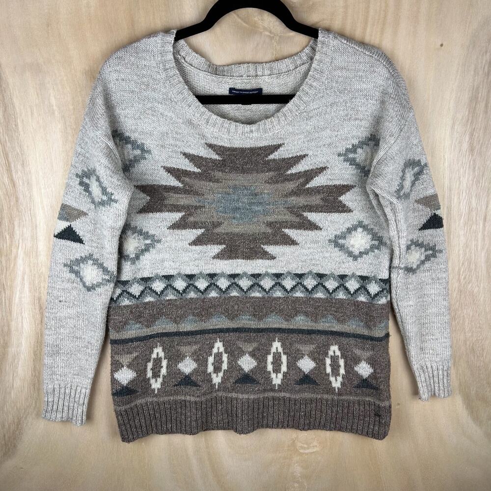 American Eagle Wool Blend Aztec Patterned Neutral Sweater (S)